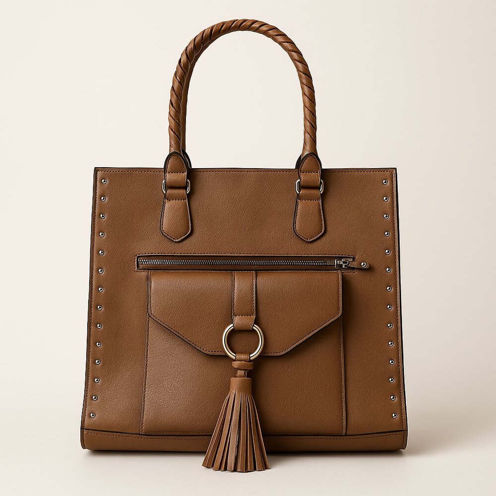 Sonoma Faux Leather Tote Bag with Tassel & Stud Detail – Brown – Excellent Condi